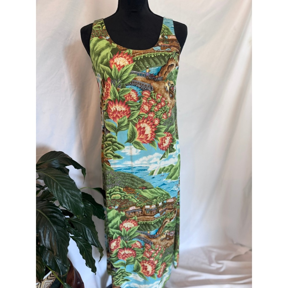 Hilo Hattie Hawaiian Original Scenic Print Maxi Dress Green Blue Floral Small